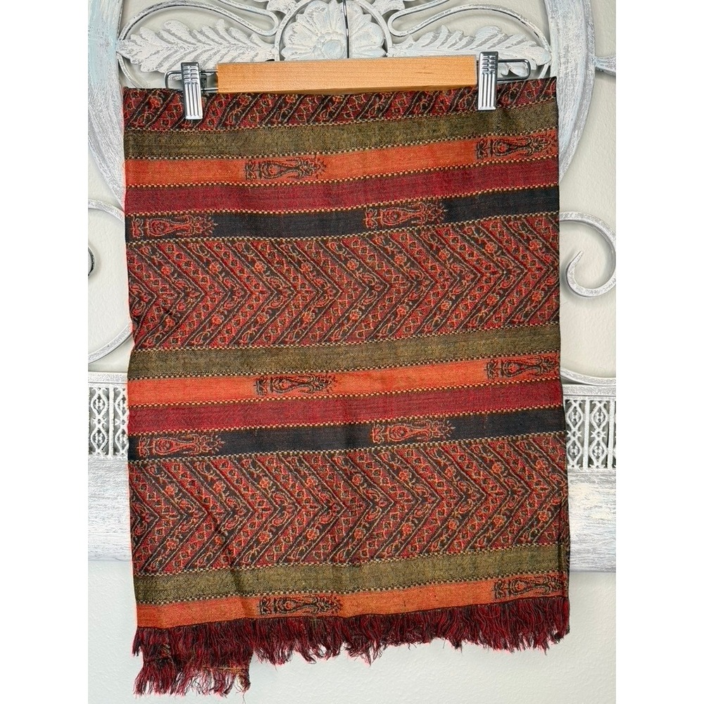 Taillissime 100% Wool Shawl‎ Scarf Rust Olive Geometric Paisley Fringe 140x100cm